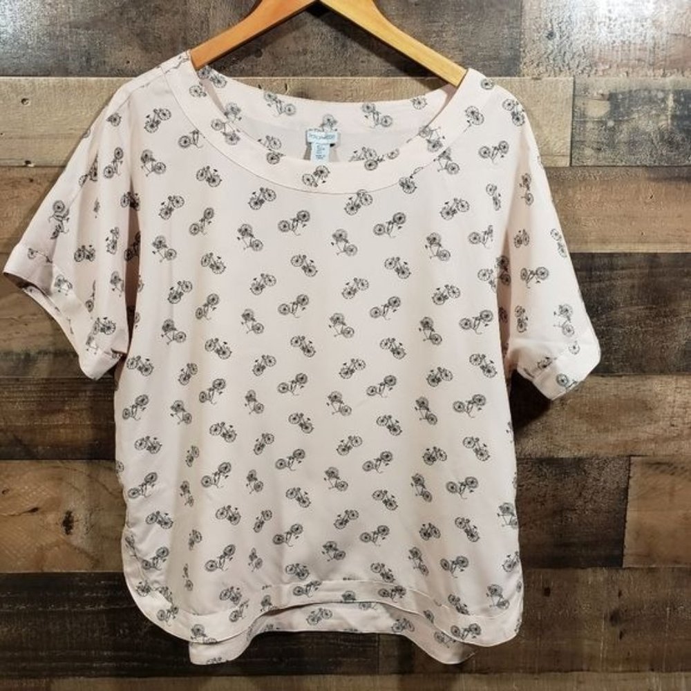 Porophrase bicycle print short sleeve blouse‎ woman's size large